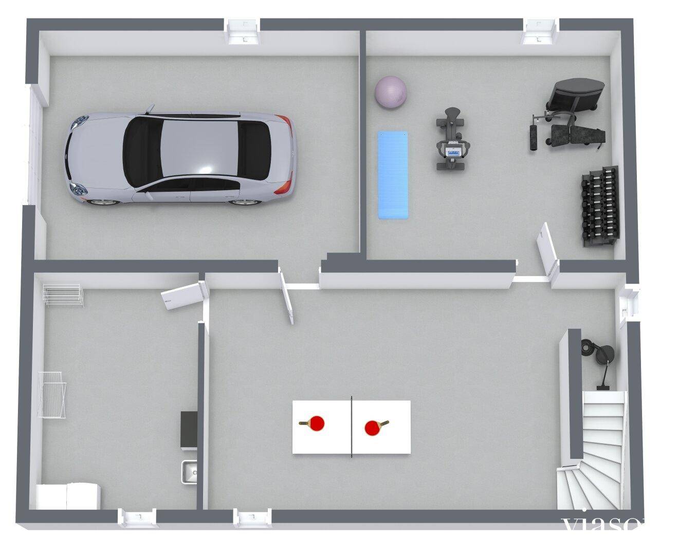 Detaillierter Grundriss des Kellers mit Garage, Fitnessgeräten und Tischtennisplatte.
