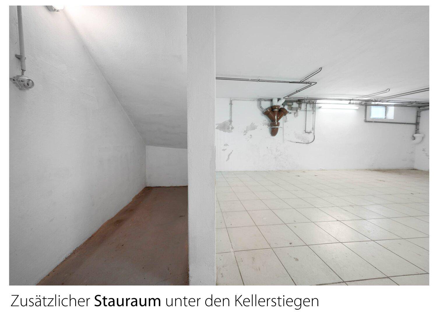 Zusätzlicher Stauraum unter der Kellertreppe und ein weiterer Kellerraum mit Fenster.