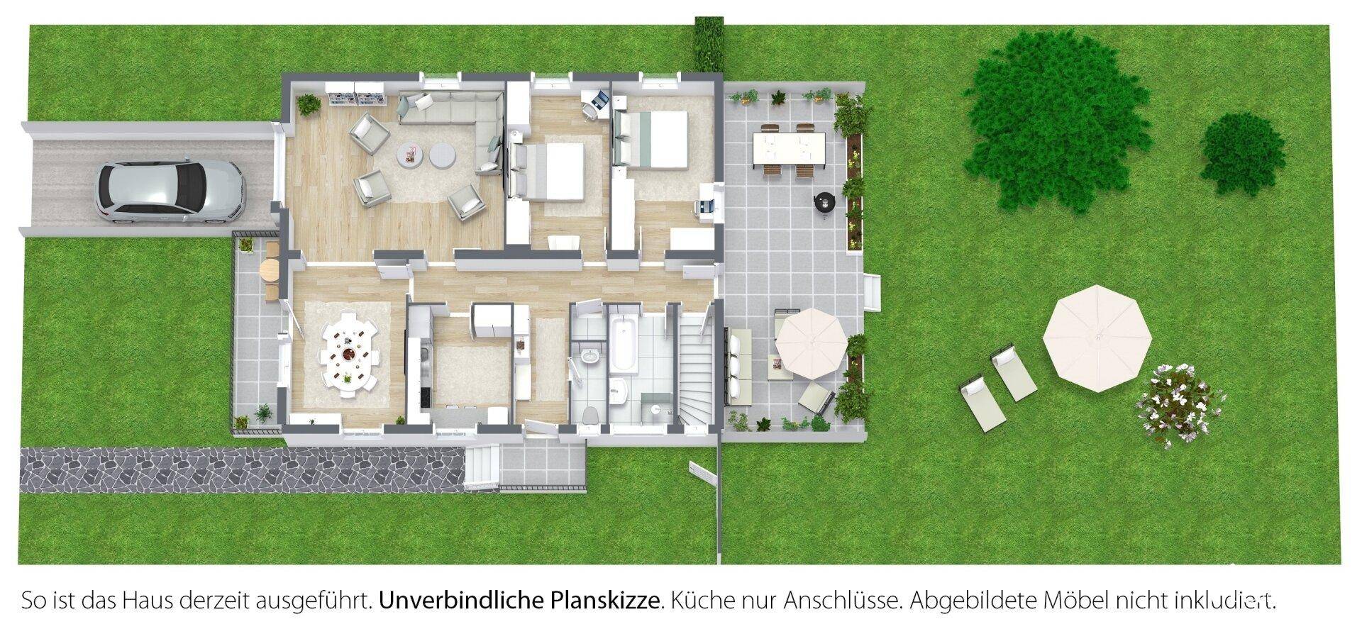3D-Grundriss des Erdgeschosses mit möbliertem Wohnbereich, Küche, Schlafzimmern und Außenterrasse.