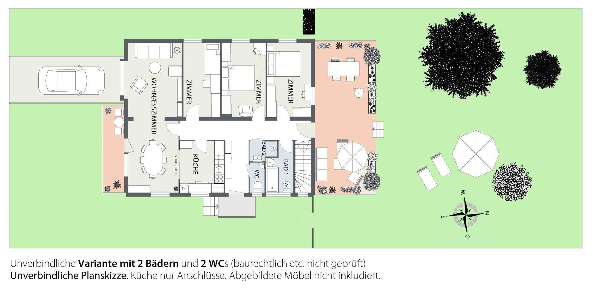 Grundrissvariante des Erdgeschosses mit zwei Bädern, zwei WCs, Wohn-/Esszimmer und Garten.