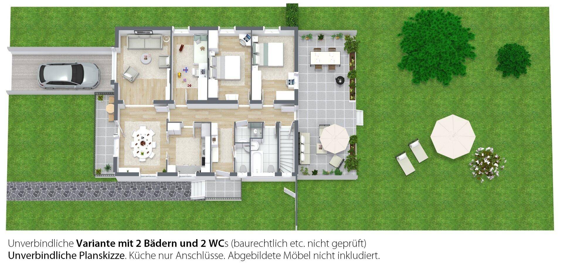 3D-Grundrissvariante des Erdgeschosses mit zwei Bädern, zwei WCs, möbliertem Wohnbereich und Terrasse.
