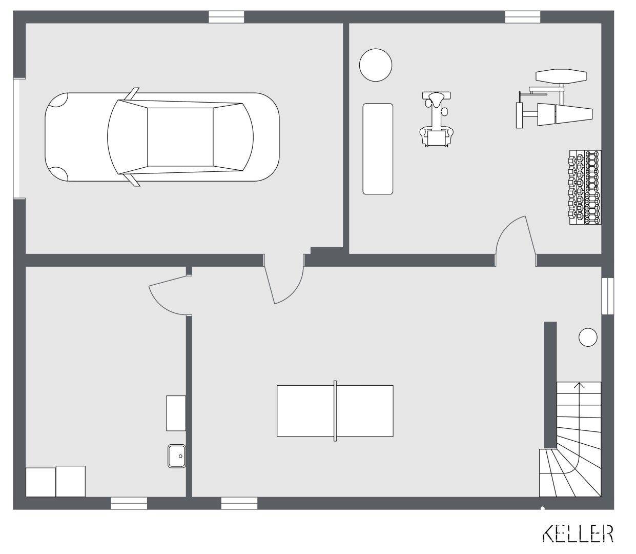 Grundriss des Kellers mit Garage, Fitnessbereich und Abstellraum.