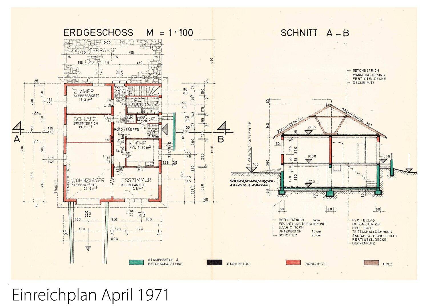 Historischer Einreichplan von April 1971 mit Erdgeschossgrundriss und Gebäudeschnitt.