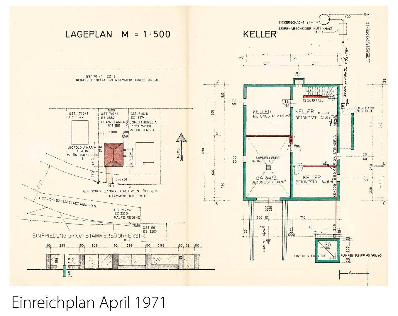 Historischer Einreichplan von 1971 mit Lageplan und Kellergrundriss inklusive Garage.