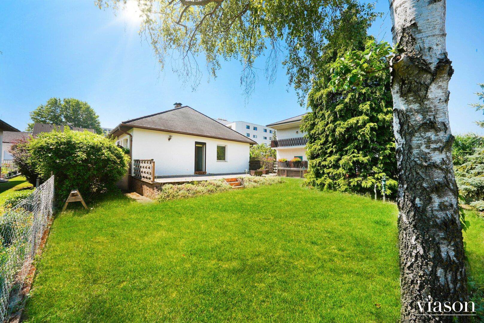 Weitläufiger, gepflegter Garten mit Rasenfläche und hohen Bäumen hinter dem Haus.