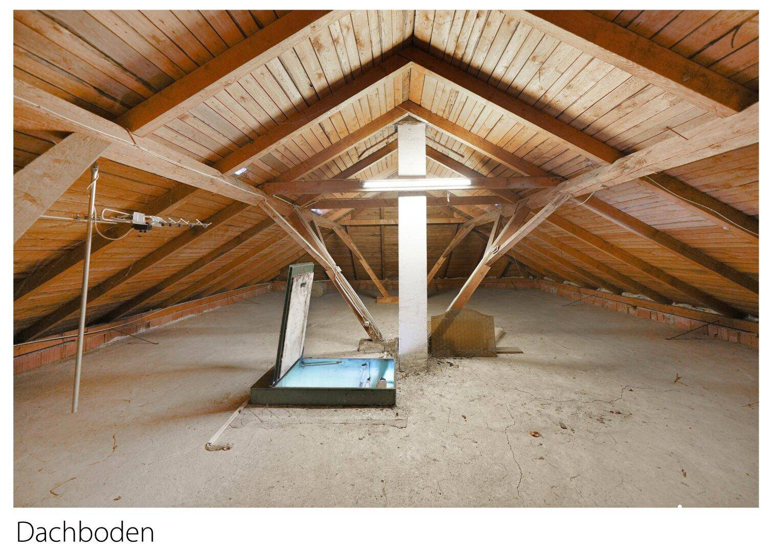 Unausgebauter Dachboden mit sichtbaren Holzbalken und Dachluke.