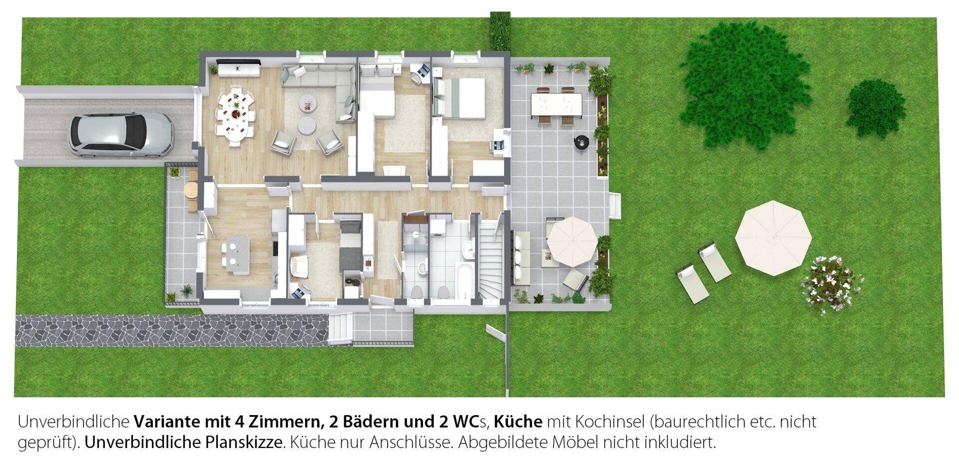 3D-Grundrissvariante mit vier Zimmern, zwei Bädern, zwei WCs, möblierter Küche mit Kochinsel und Terrasse.