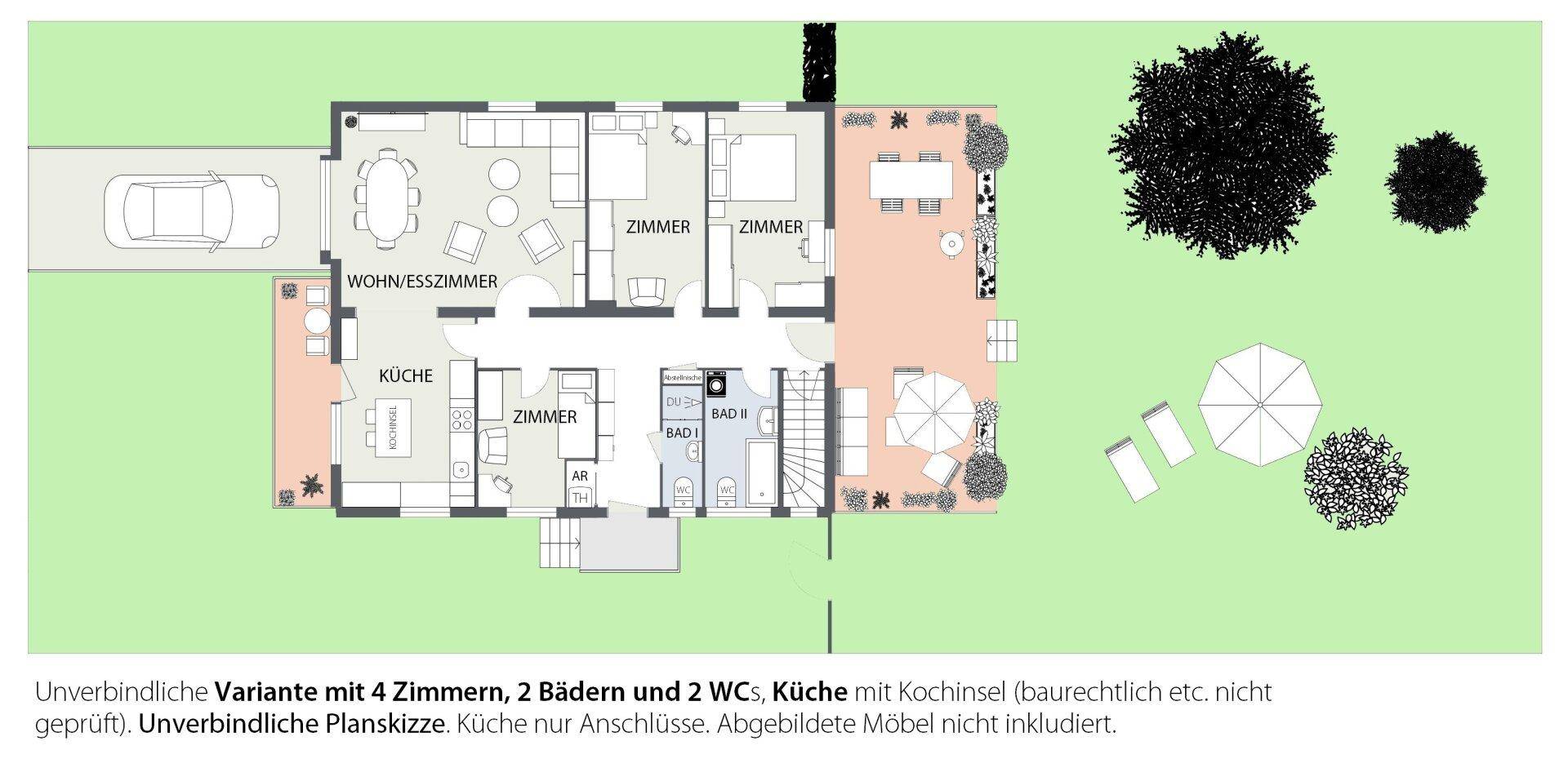 Grundrissvariante mit vier Zimmern, zwei Bädern, zwei WCs und Küche mit Kochinsel.