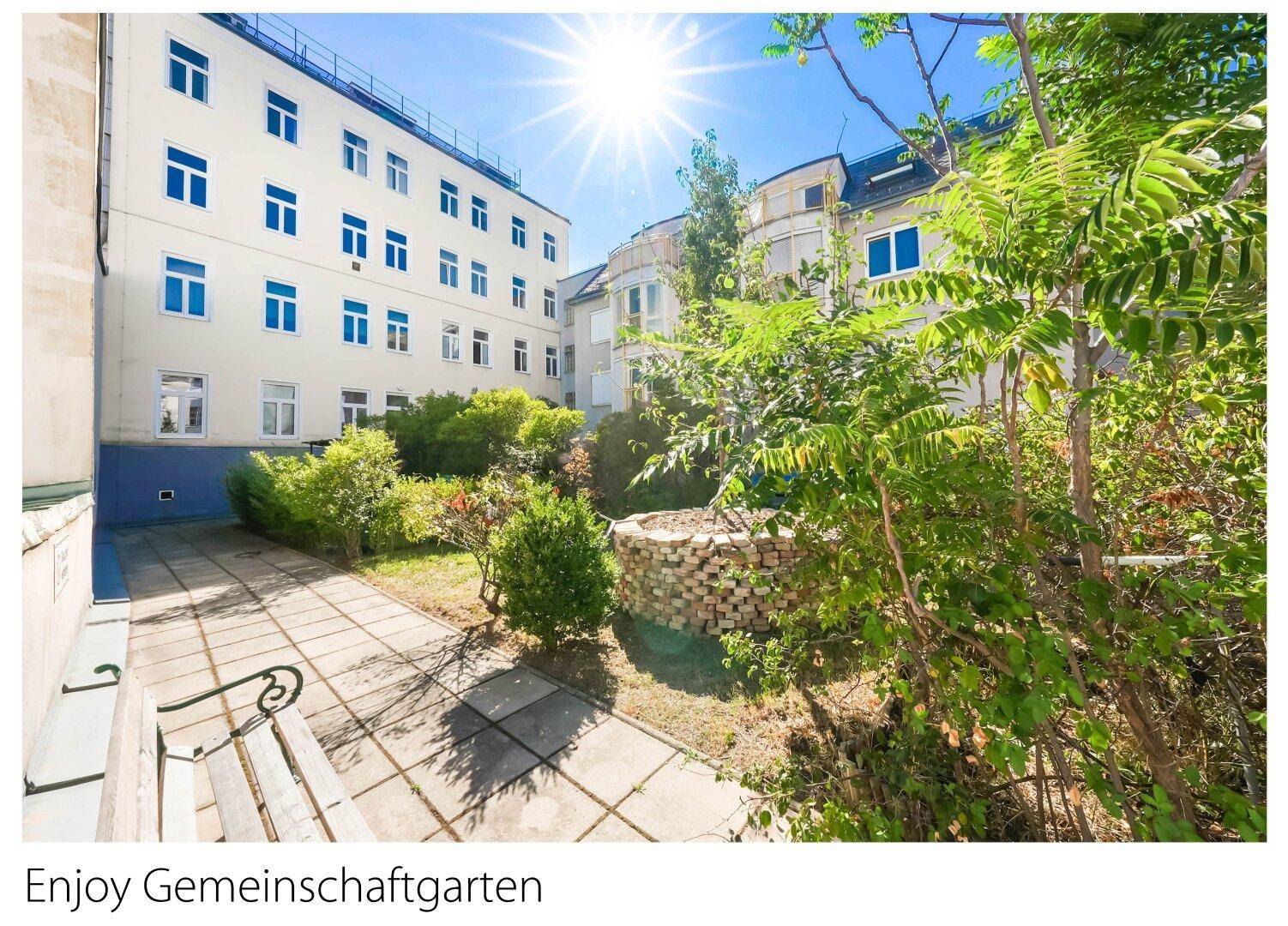 Sonniger Gemeinschaftsgarten mit Sitzbank, Bäumen und gepflasterten Wegen.