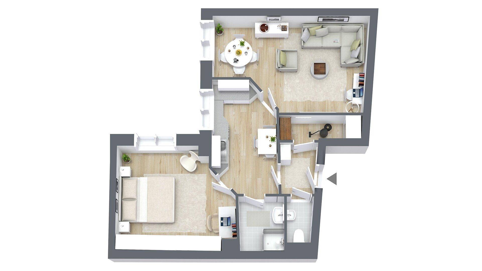 Möblierter 3D-Grundriss einer modernen Wohnung mit offenem Wohnbereich und Schlafzimmer.