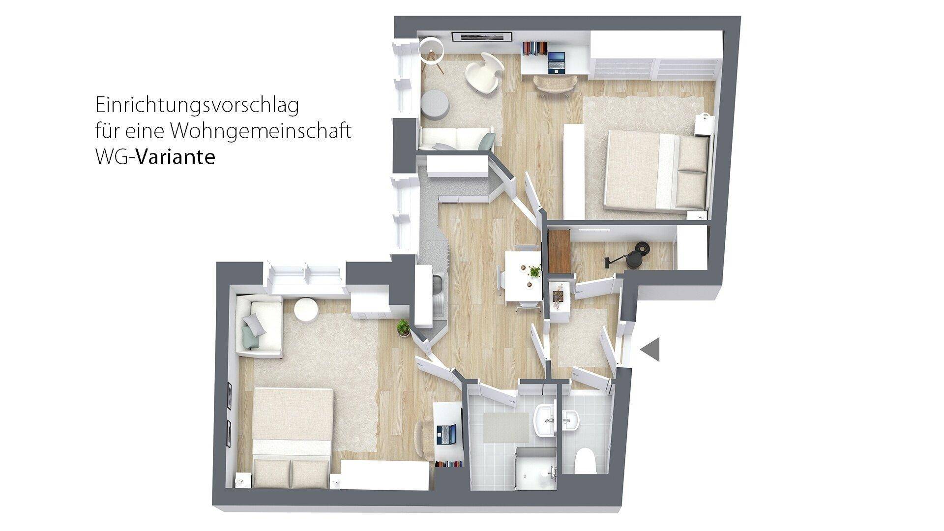 Alternativer 3D-Grundriss mit Einrichtungsvorschlag für eine Wohngemeinschaft.