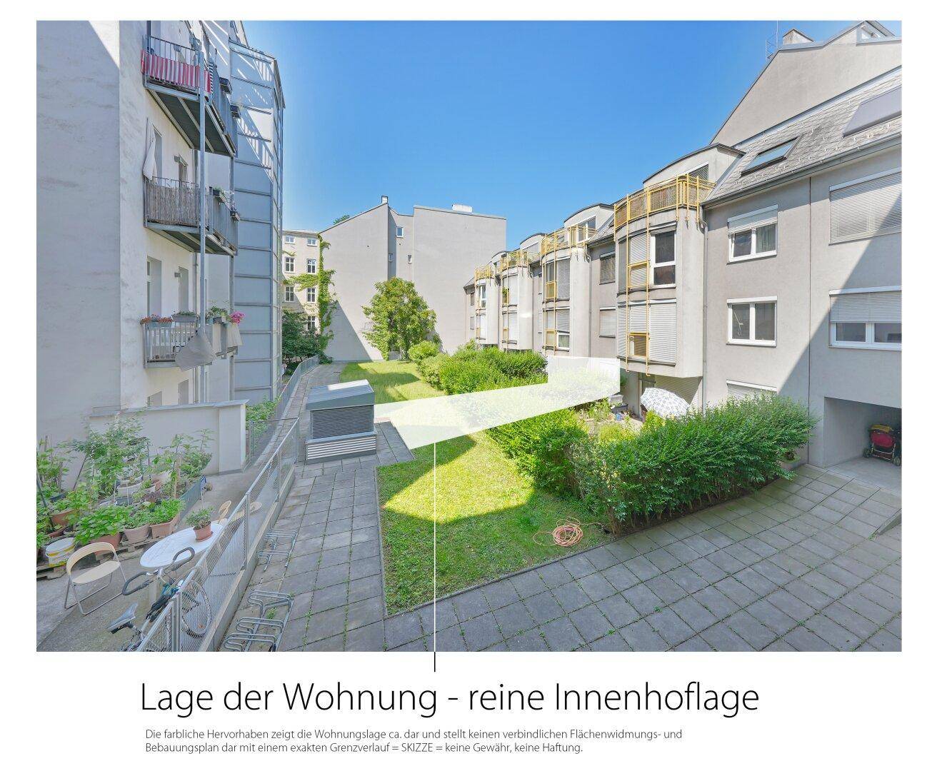 Ruhiger Innenhof mit Rasenflächen und gepflegten Hecken, umgeben von Wohngebäuden.