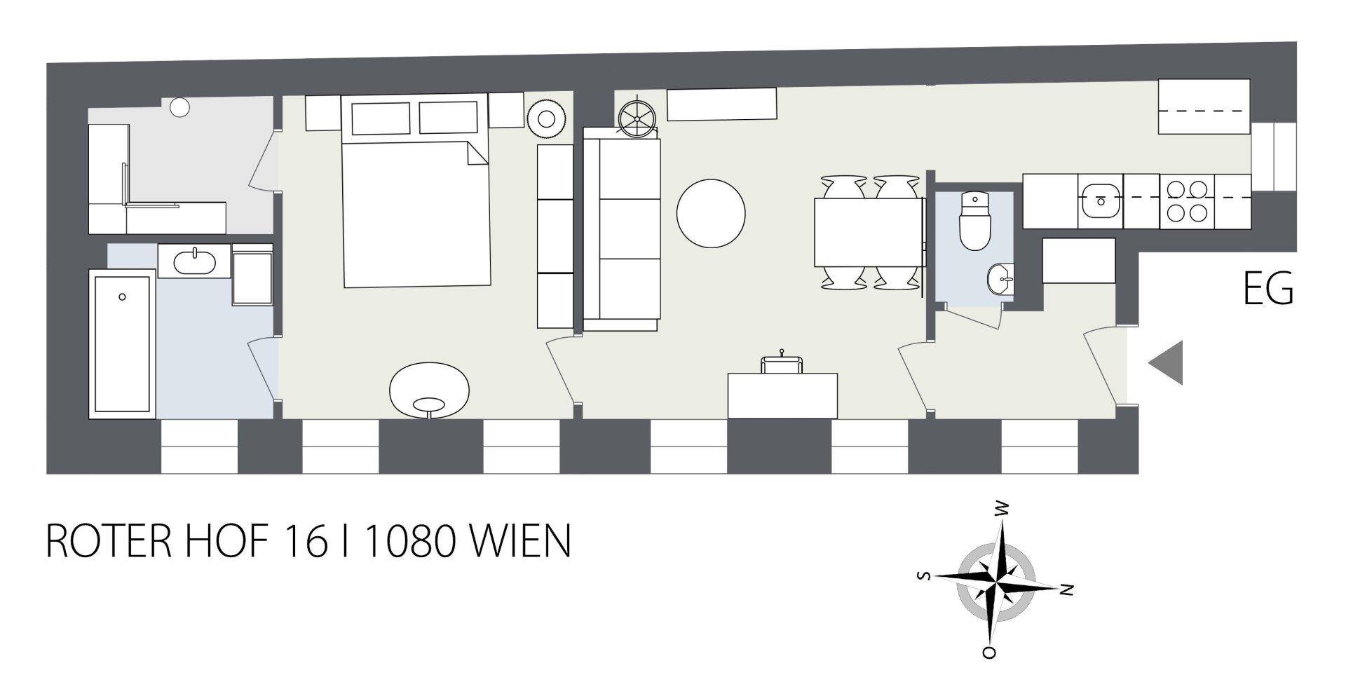 Grundrissplan einer Wohnung mit Schlafzimmer, Wohnbereich, Küche, Bad und separatem WC.