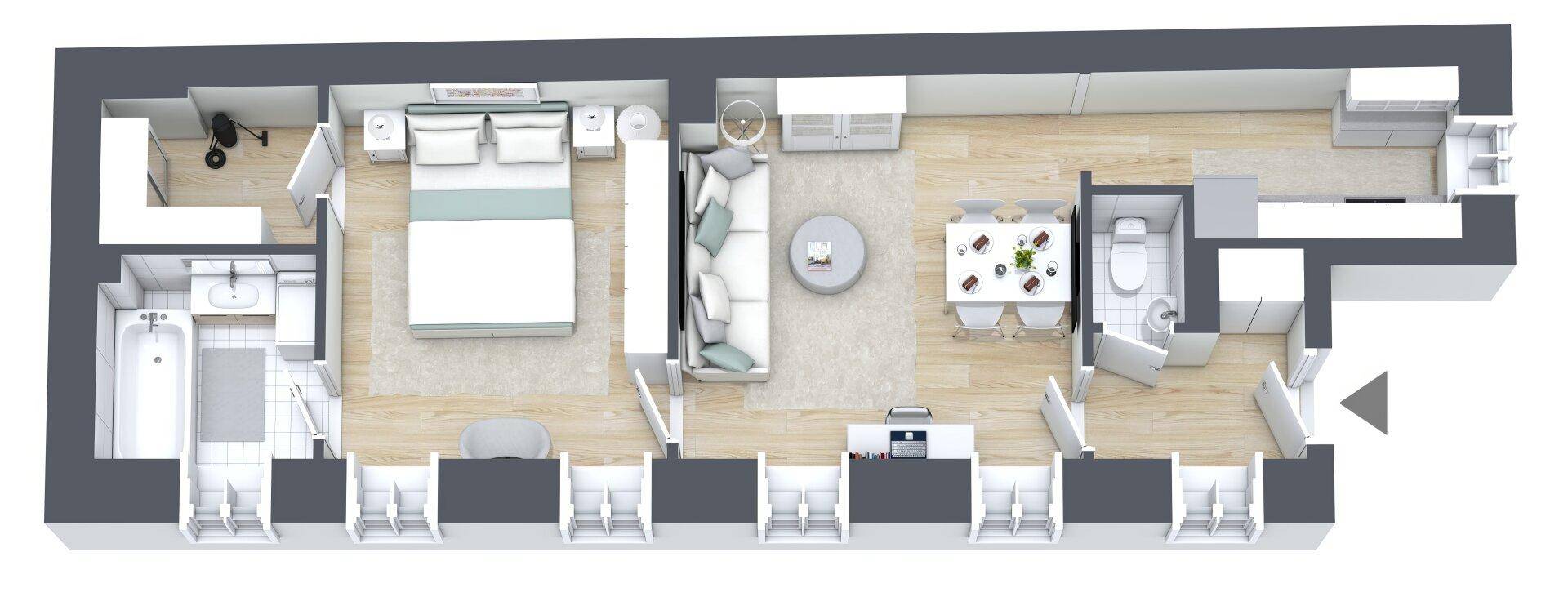 Möblierter 3D-Grundriss einer modernen Wohnung mit offenem Wohn- und Essbereich.