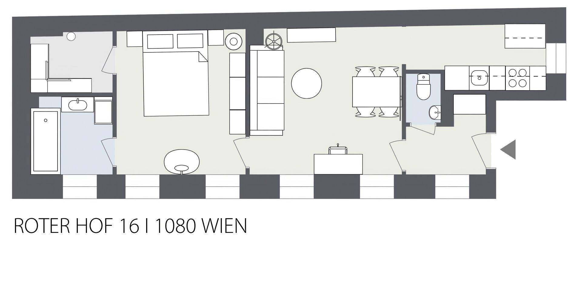 Grundrissplan einer Wohnung mit Schlafzimmer, offenem Wohnbereich, Küche und Bad.