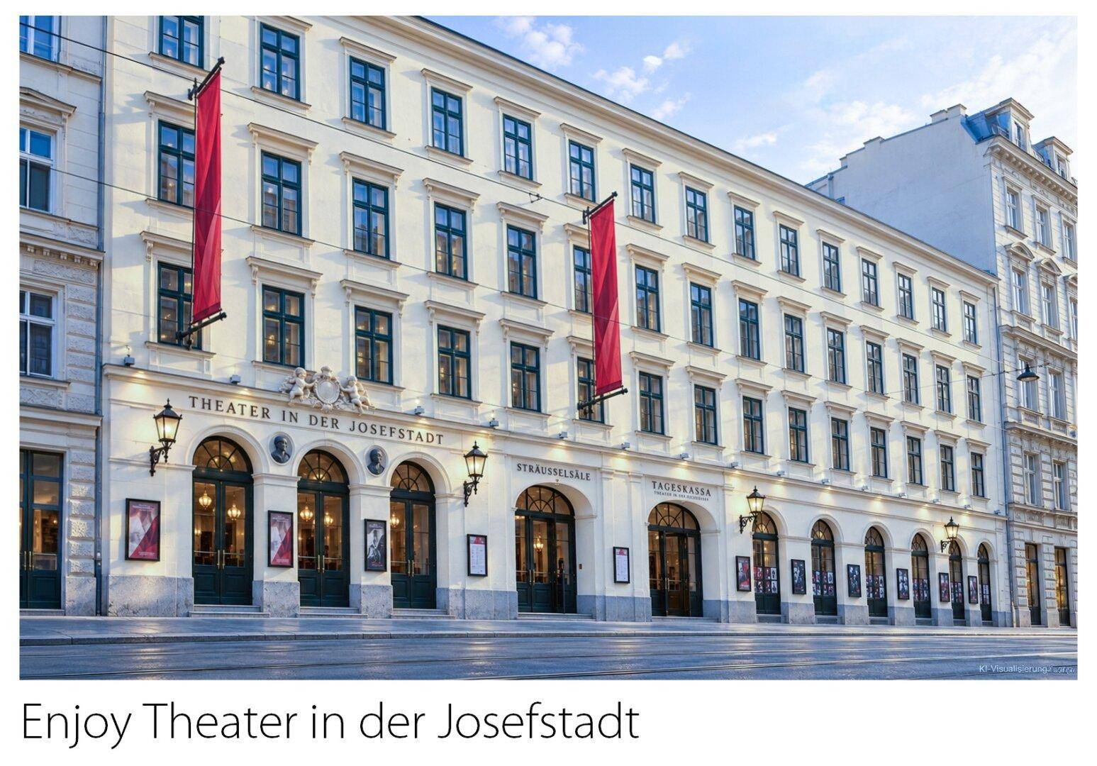 Historisches Gebäude des Theaters in der Josefstadt mit eleganter Fassade und roten Bannern.
