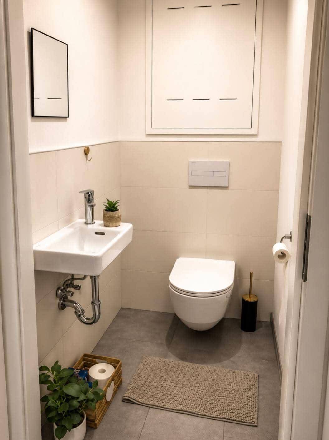 Kleines Gäste-WC mit wandhängender Toilette und kompaktem Waschbecken.