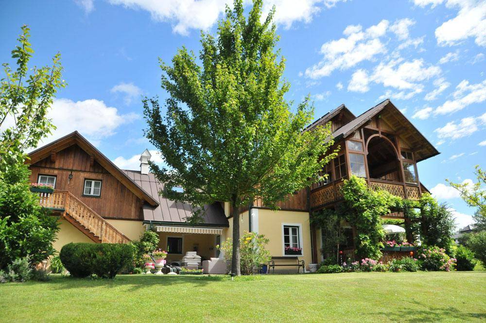 Weitläufiger Garten mit altem Baumbestand und einem charmanten Landhaus im Hintergrund unter blauem Himmel.
