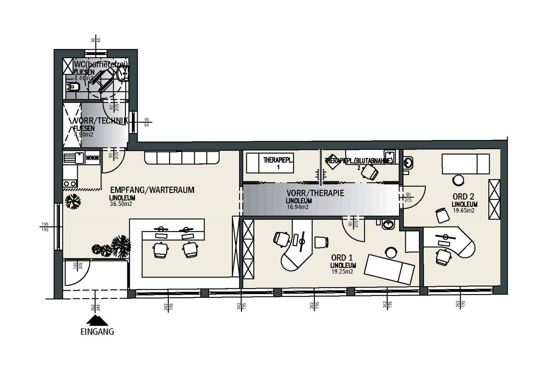 Alternativer Grundriss für eine Praxis mit Empfangsbereich, Wartezimmer, Therapieräumen und Toiletten.