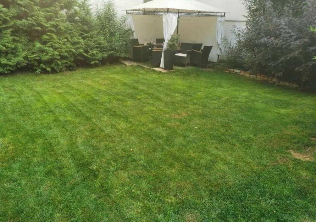 Gepflegter Garten mit Rasenfläche und einem Pavillon für entspannte Stunden im Freien.