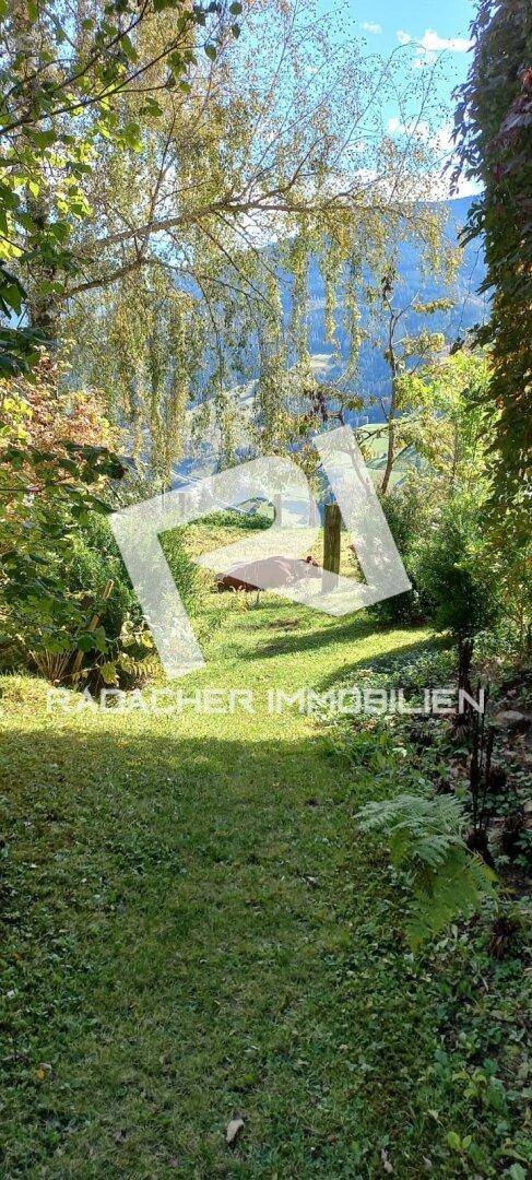 Weitläufiger Rasenbereich im Garten mit Blick auf die umliegenden Berge und grüne Natur.