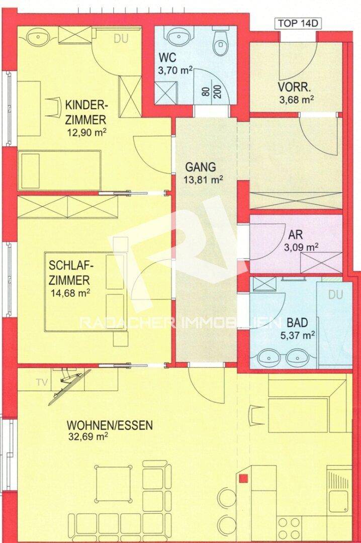 Detaillierter Grundriss einer Wohnung mit Wohn-/Essbereich, Schlafzimmern und Bädern.