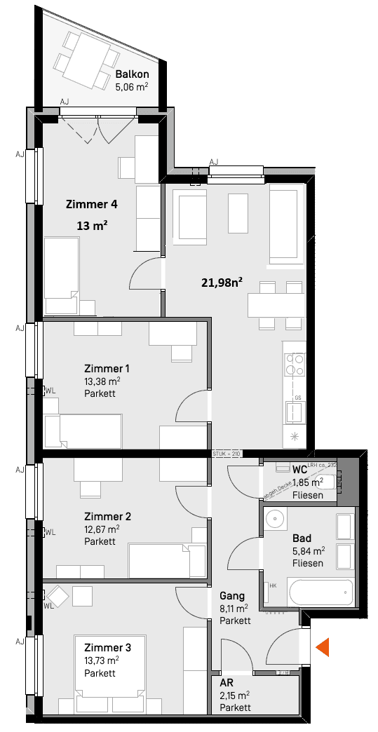 Grundriss einer Wohnung mit vier Zimmern, offenem Wohnbereich, Balkon und separatem WC.