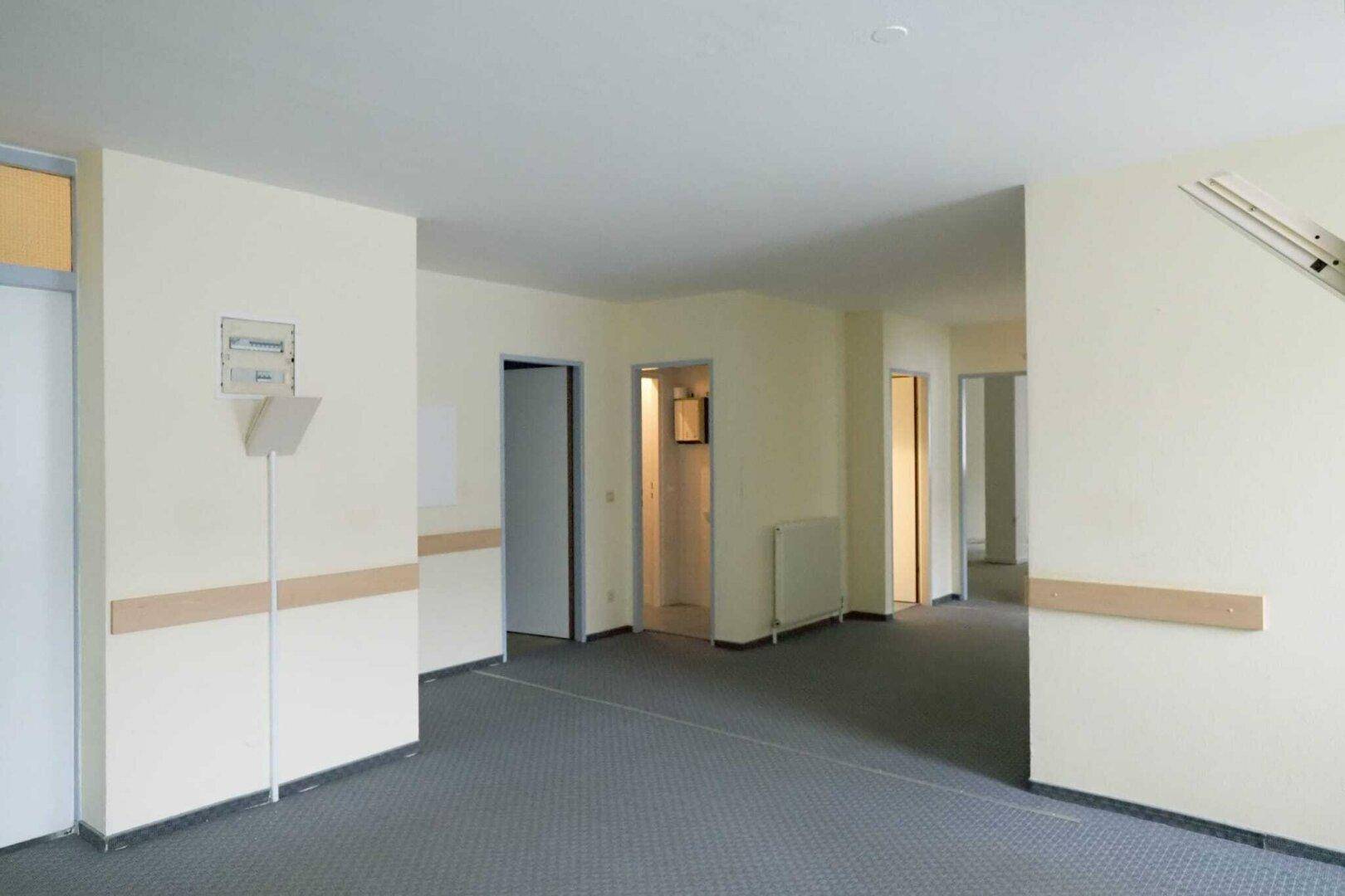 Geräumiger Flur mit Teppichboden und mehreren Türen, der verschiedene Bereiche der Immobilie verbindet.