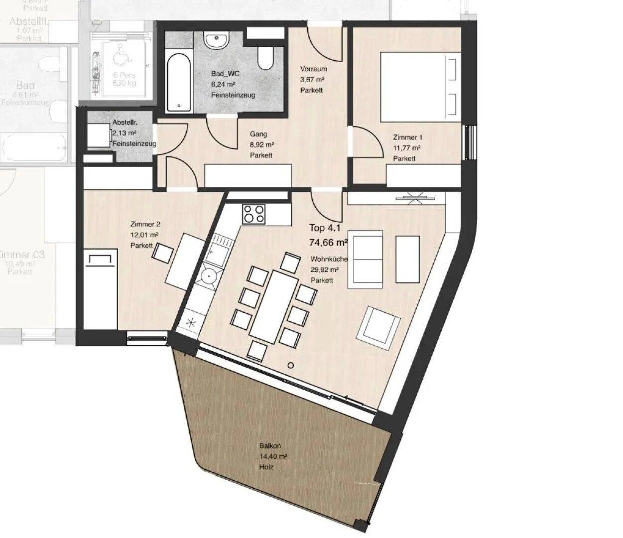 Grundriss einer Wohnung mit zwei Schlafzimmern, offener Wohnküche und großem Balkon.