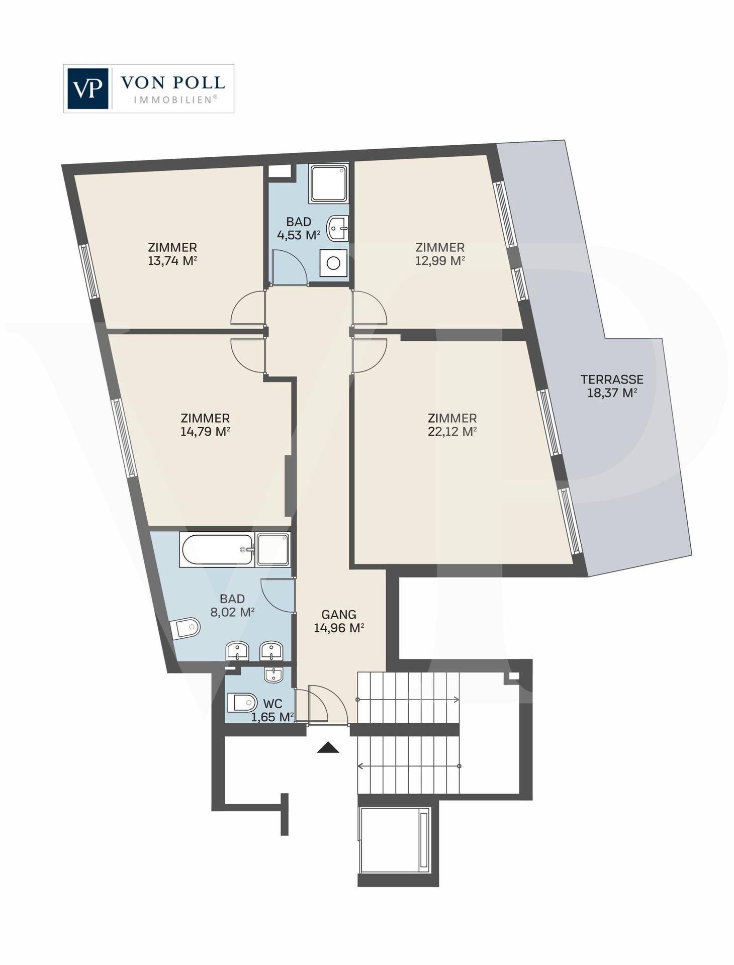 Grundrissplan der unteren Etage mit mehreren Zimmern, Bädern und einer Terrasse.