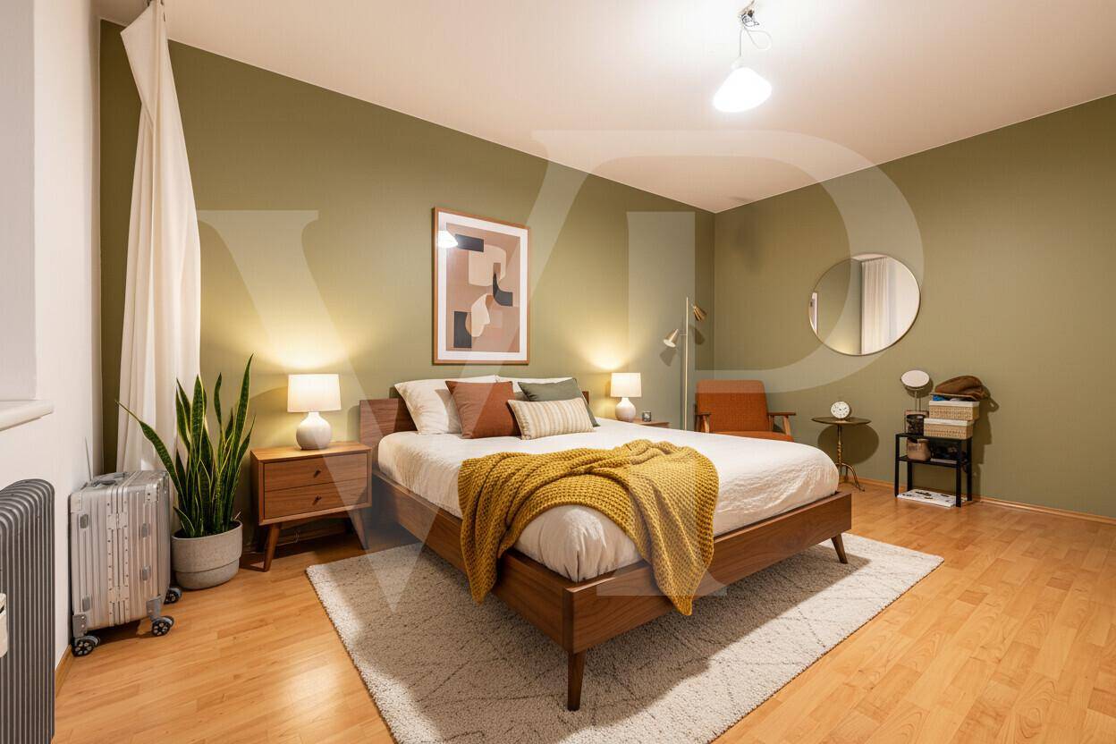 Möblierter Grundriss einer Wohnung mit funktionaler Raumaufteilung und separatem WC.