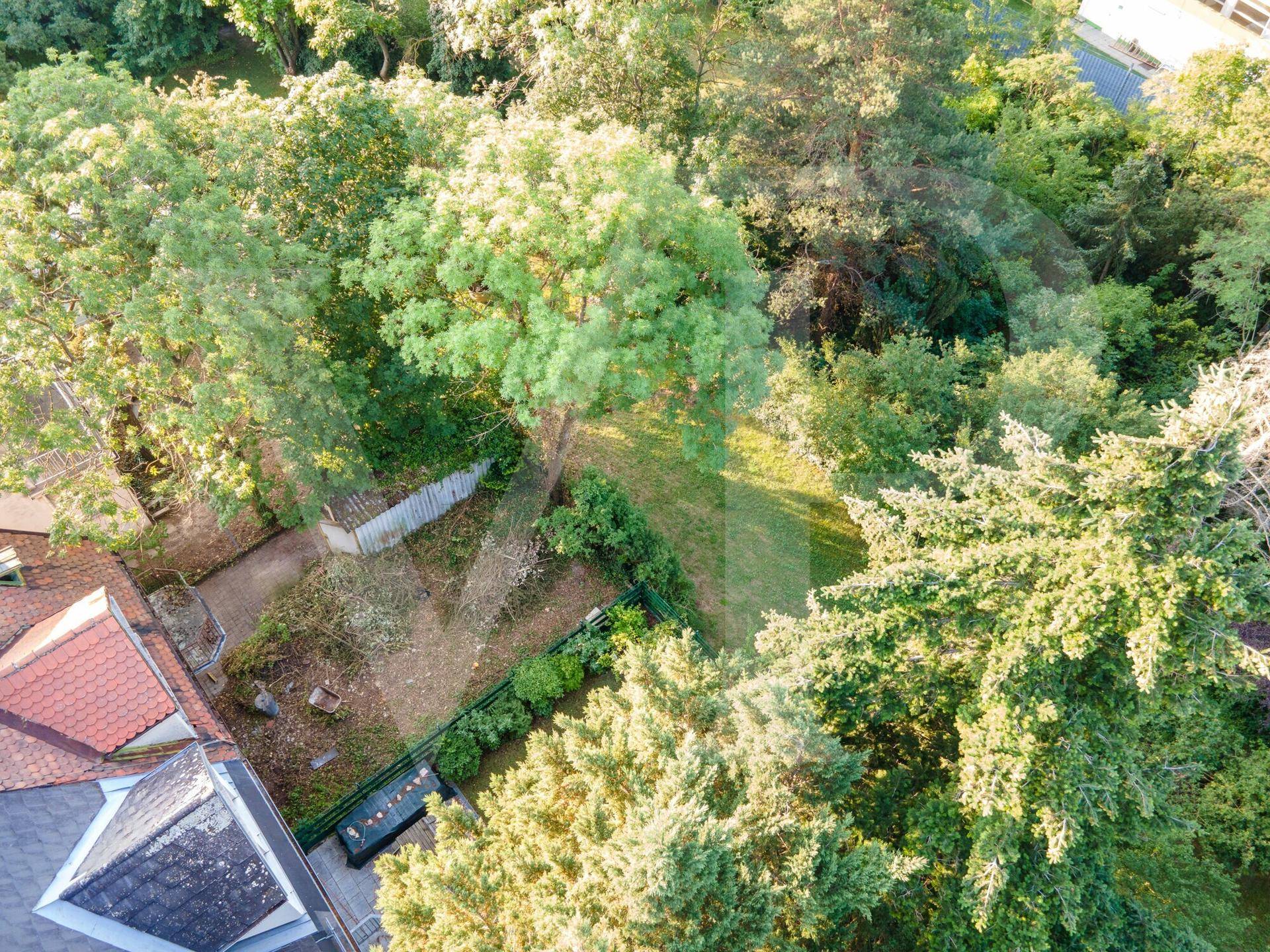 Schräge Luftaufnahme des Gebäudes mit Dach, Garten und dichtem Baumbestand in der Umgebung.