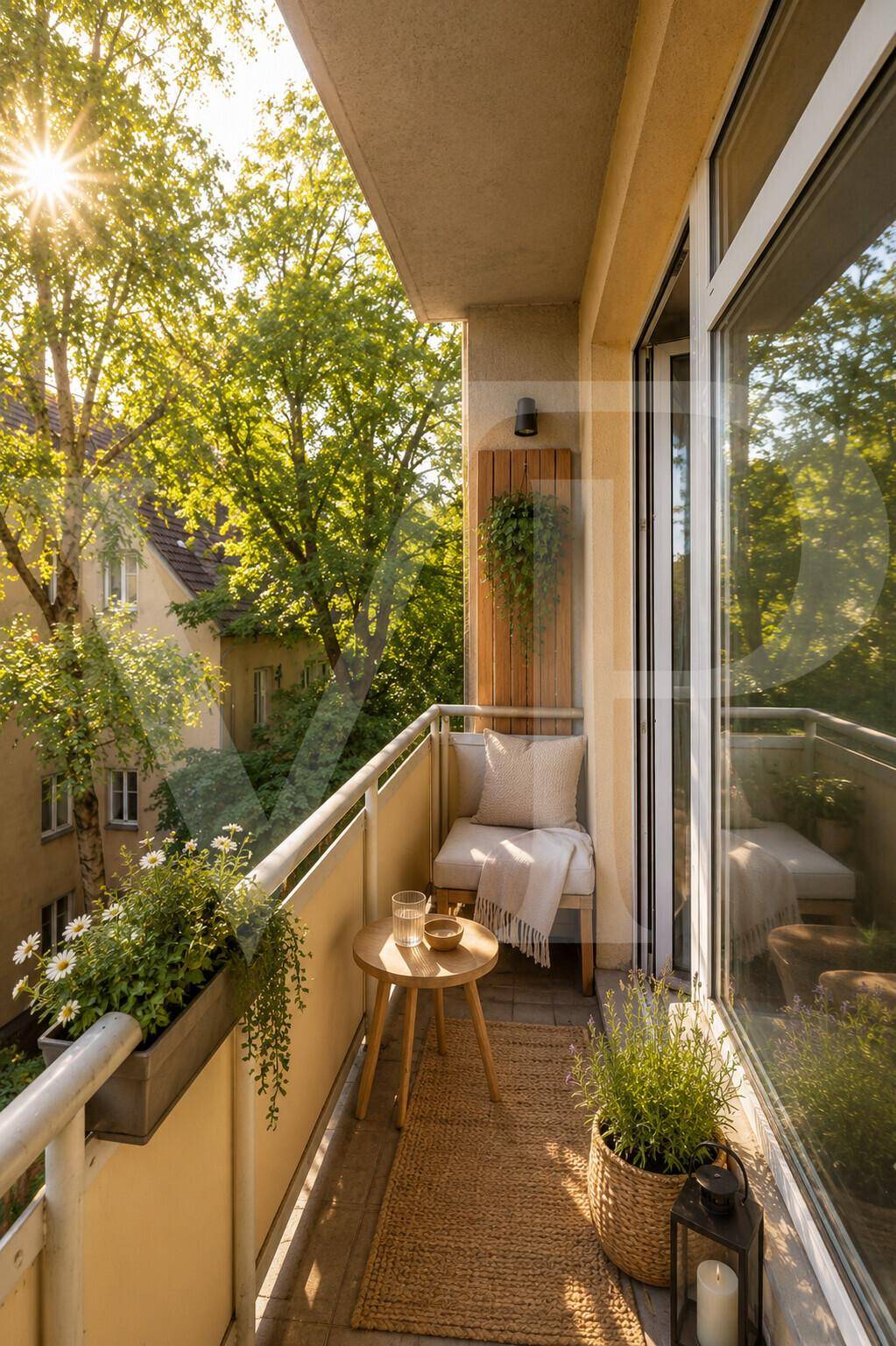 Sonniger Balkon mit Sitzgelegenheiten, Pflanzen und Blick auf grüne Bäume und die Umgebung.