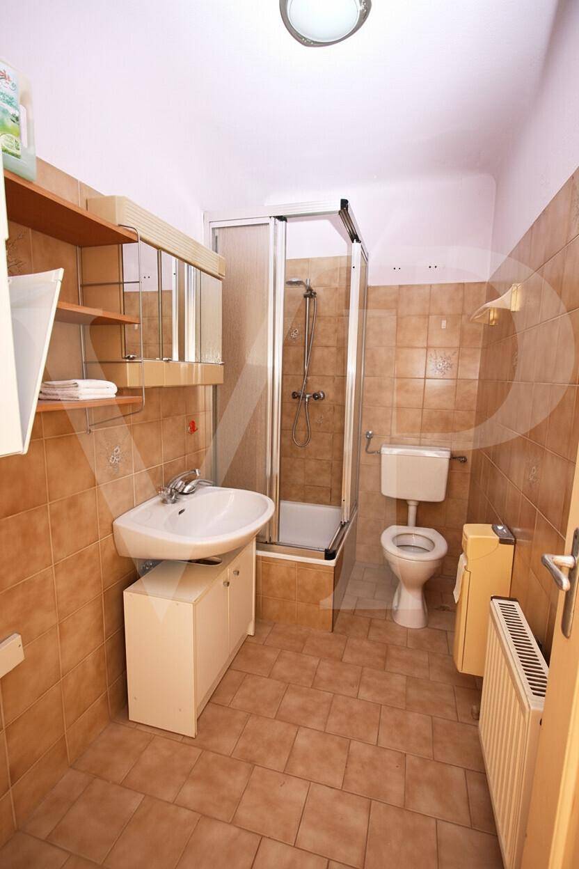 Älteres Badezimmer mit braunen Fliesen, Dusche und WC in Originalzustand.