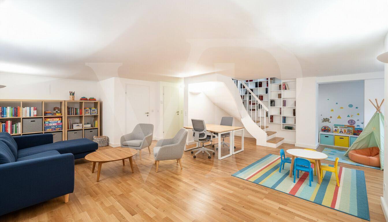 Vielseitiger Kellerraum mit Holzboden, Sitzbereichen und Spielbereich, ideal für Familienaktivitäten.