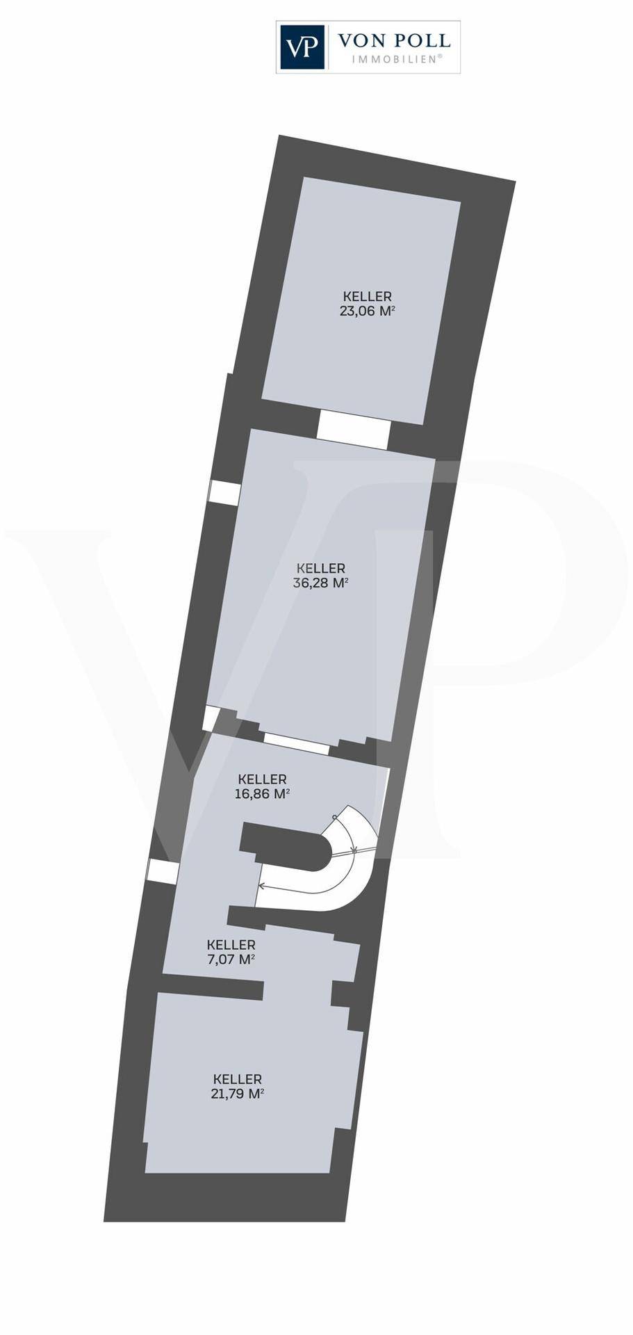 Grundriss des Kellergeschosses mit mehreren separaten Kellerbereichen für Lagerung.