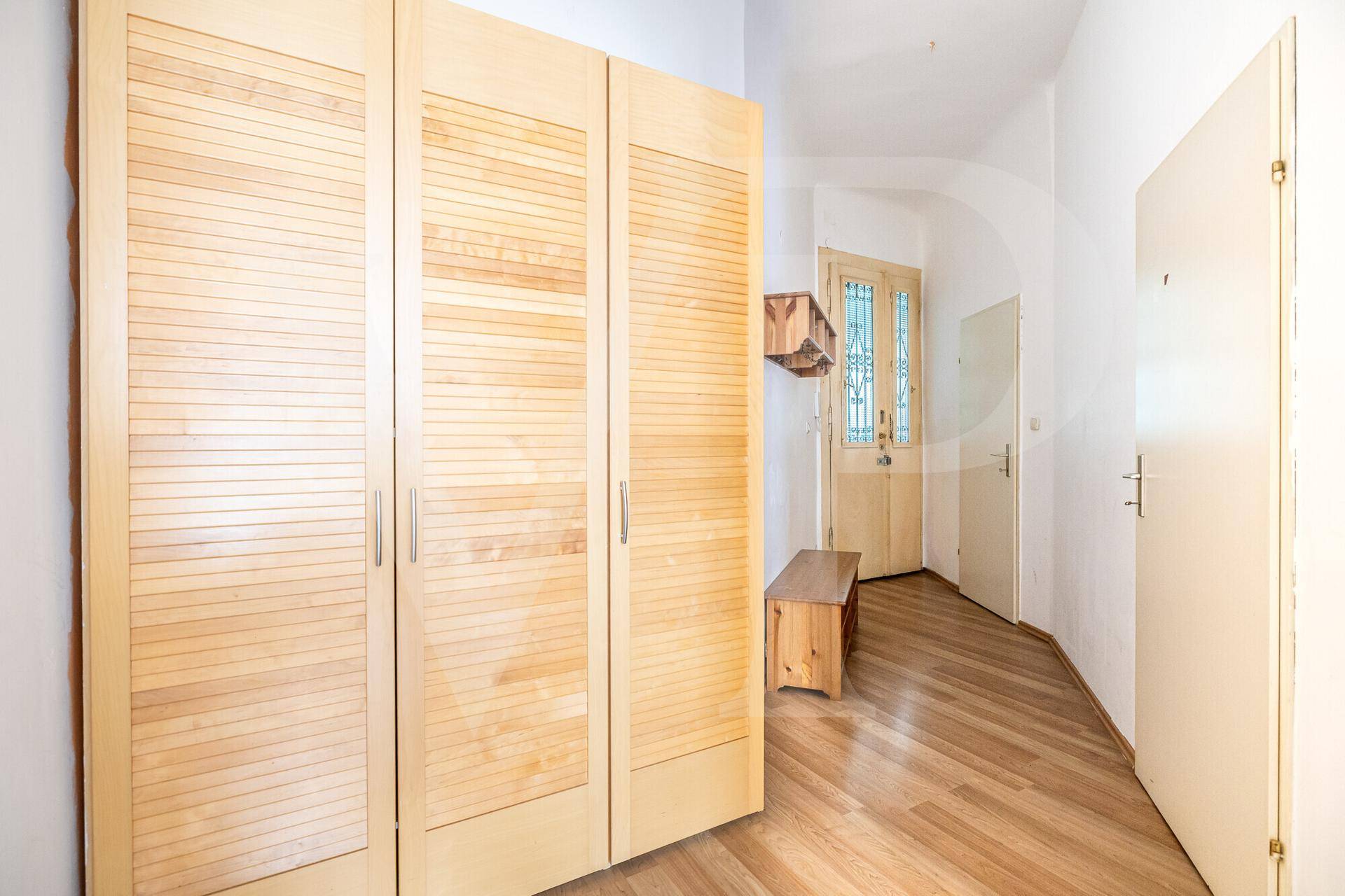 Eingangsbereich mit Holzboden, großem Holzschrank und heller Eingangstür.