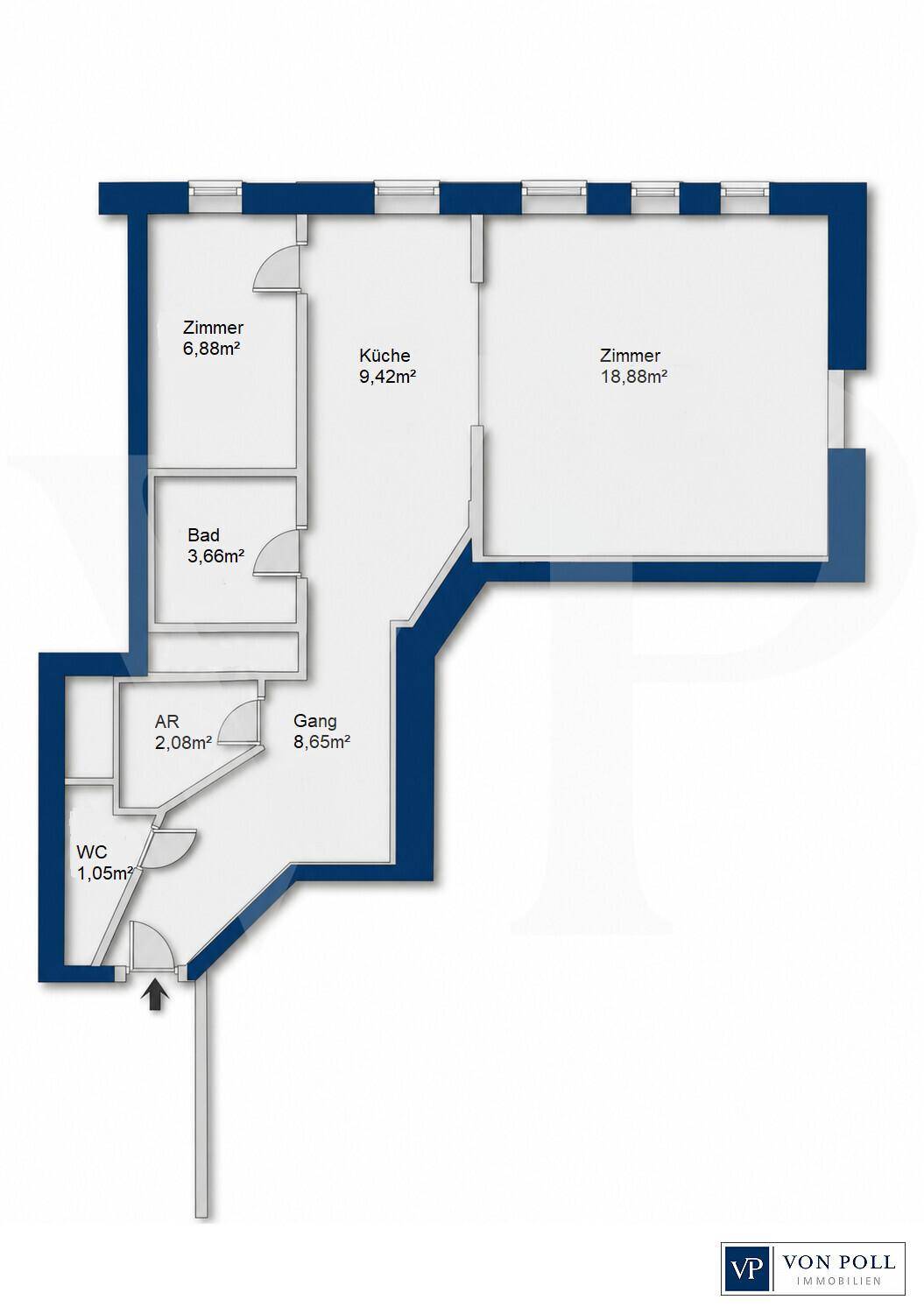 Grundriss der Wohnung mit drei Zimmern, Küche, Bad und separatem WC.