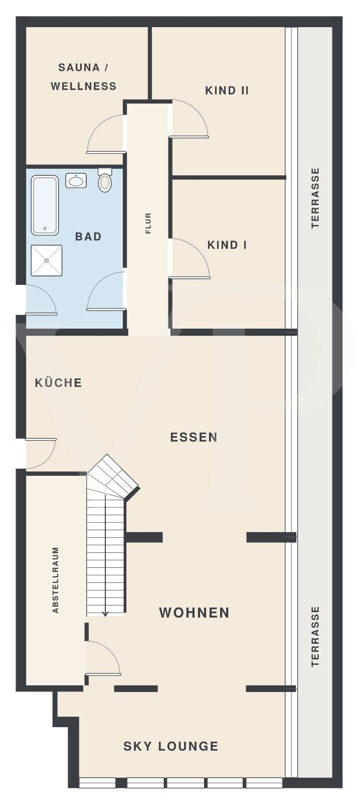 Grundriss einer Etage mit Wohn-, Essbereich, Küche, Bad, Sauna und zwei Kinderzimmern sowie Terrasse.