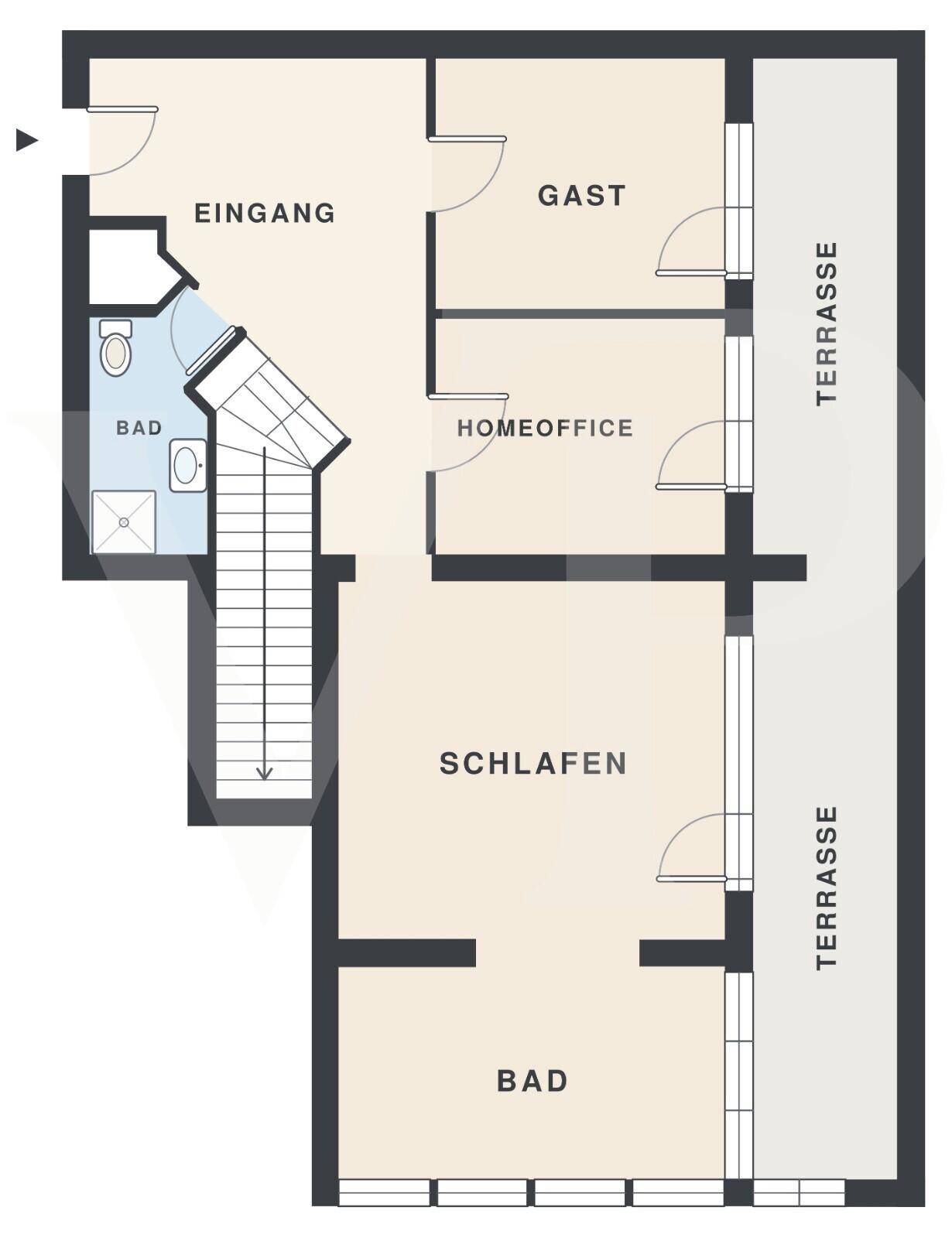 Grundriss einer weiteren Etage mit Eingang, Gästezimmer, Homeoffice, Schlafzimmer, Bad und Terrasse.