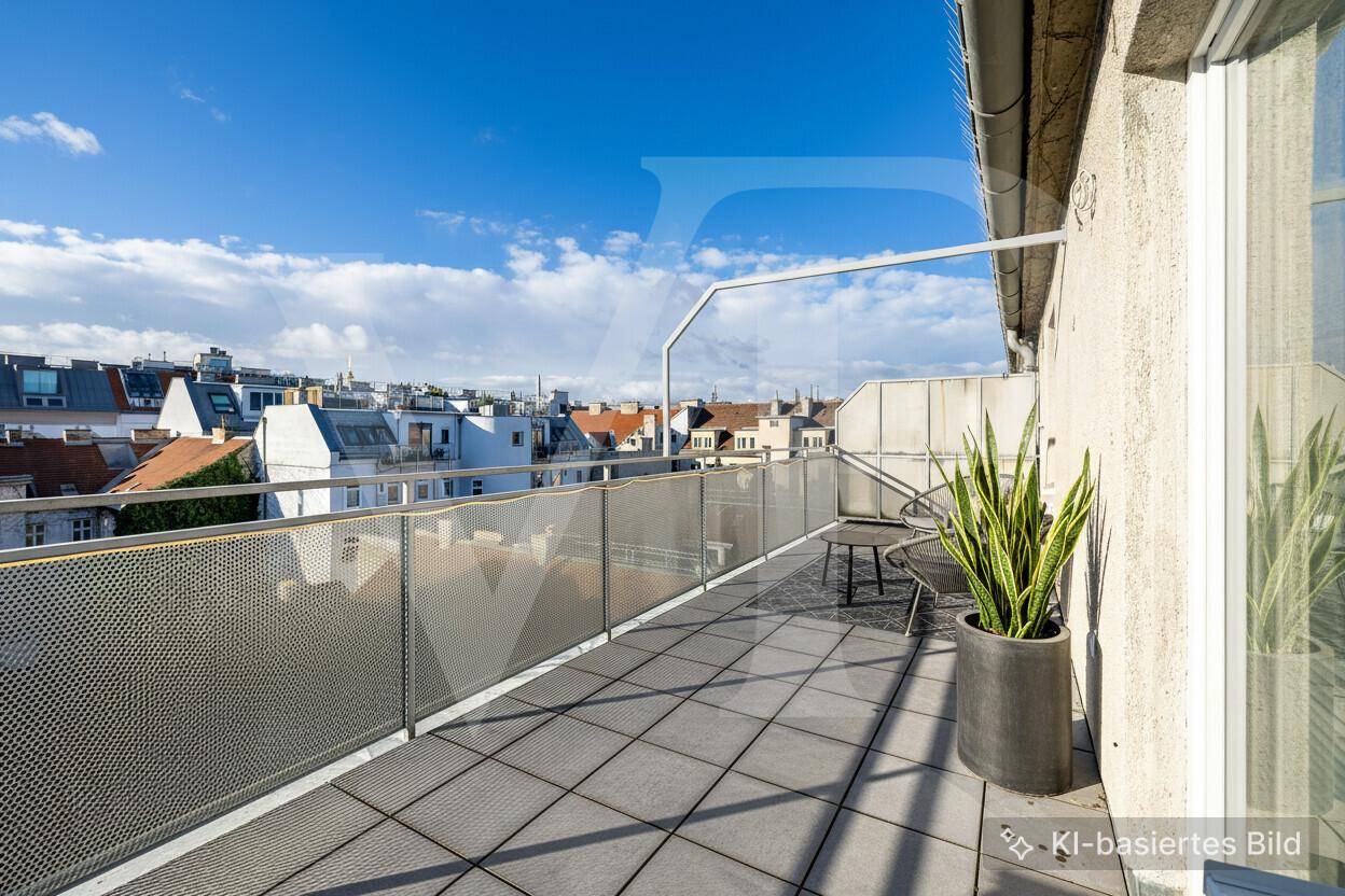 Attraktive Dachterrasse mit Sitzgelegenheit, Pflanze und weitem Blick über die Stadt.