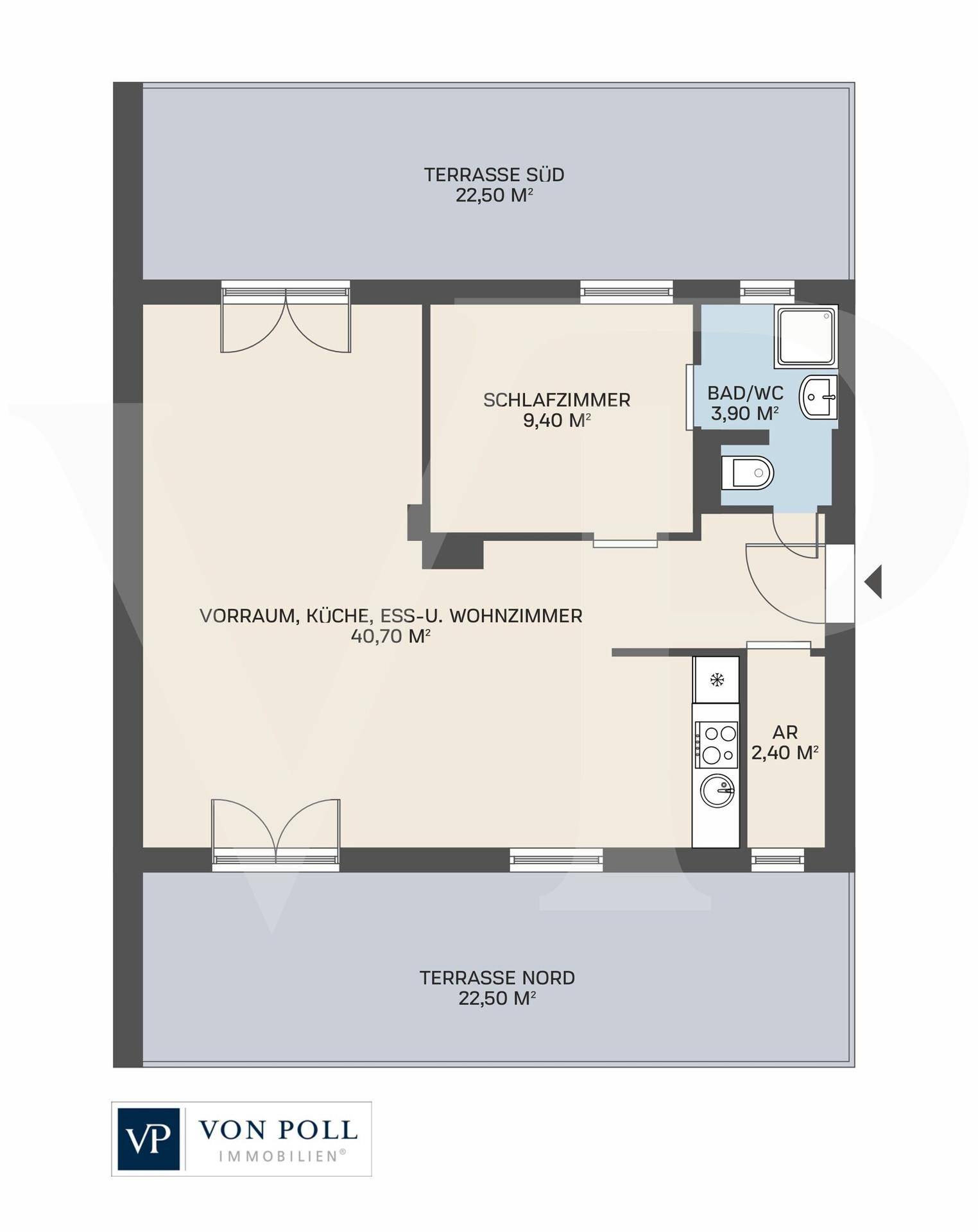 Grundriss der Wohnung mit zwei Terrassen, Schlafzimmer, Bad und offenem Wohnbereich.