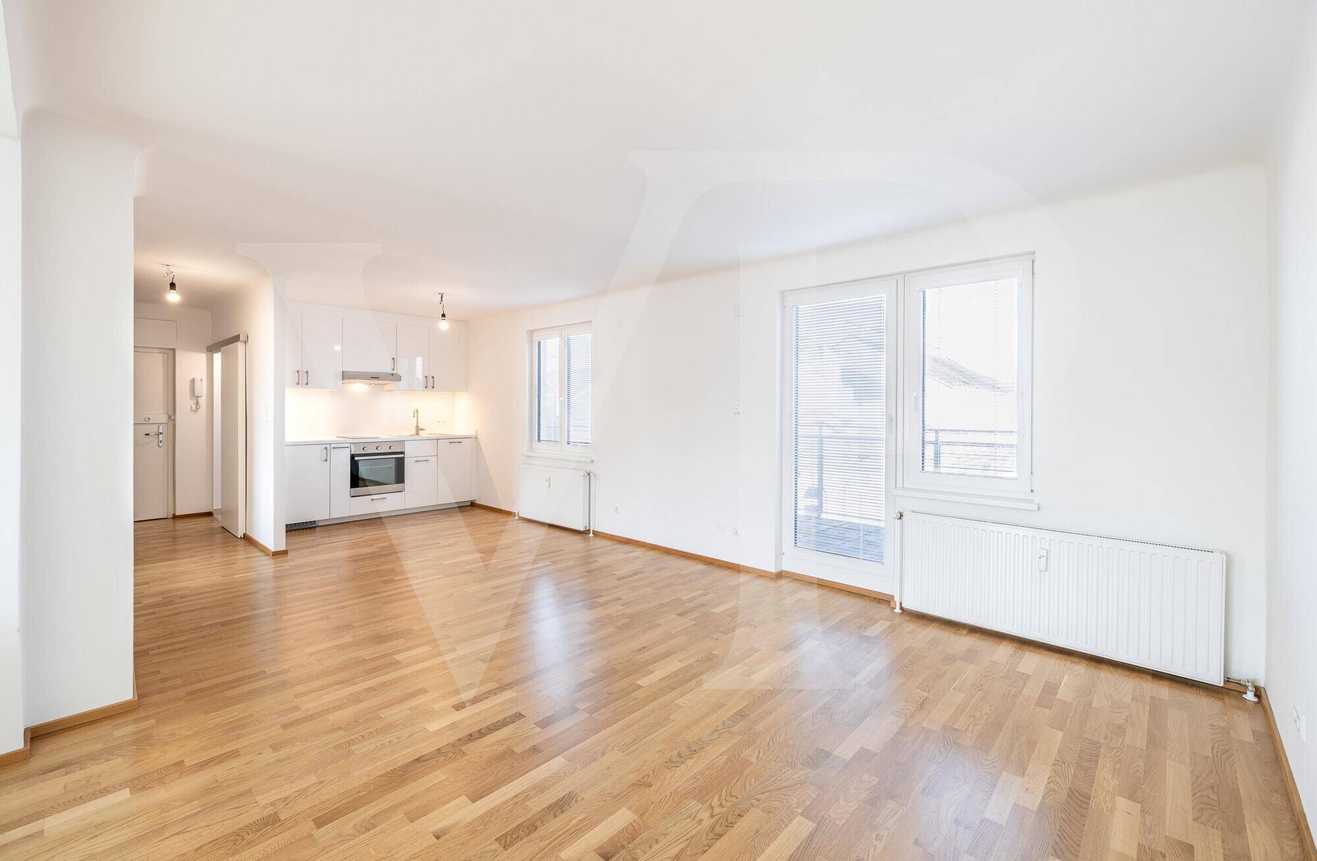 Offener Wohnbereich mit integrierter Küche, Parkettboden und Zugang zur Terrasse.