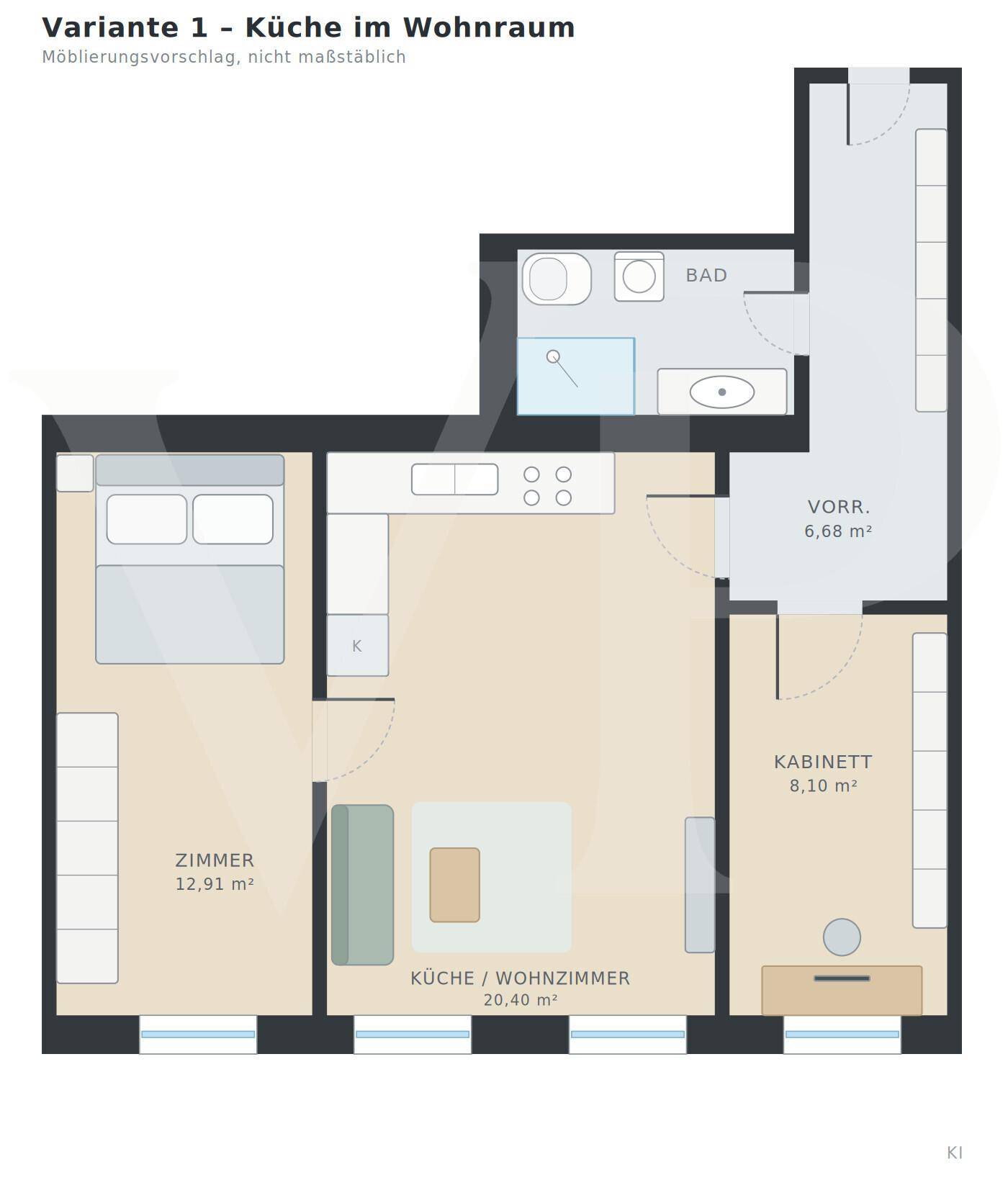 Grundriss Variante 2 mit separater Küche im Kabinett, Wohnzimmer und Schlafzimmer.