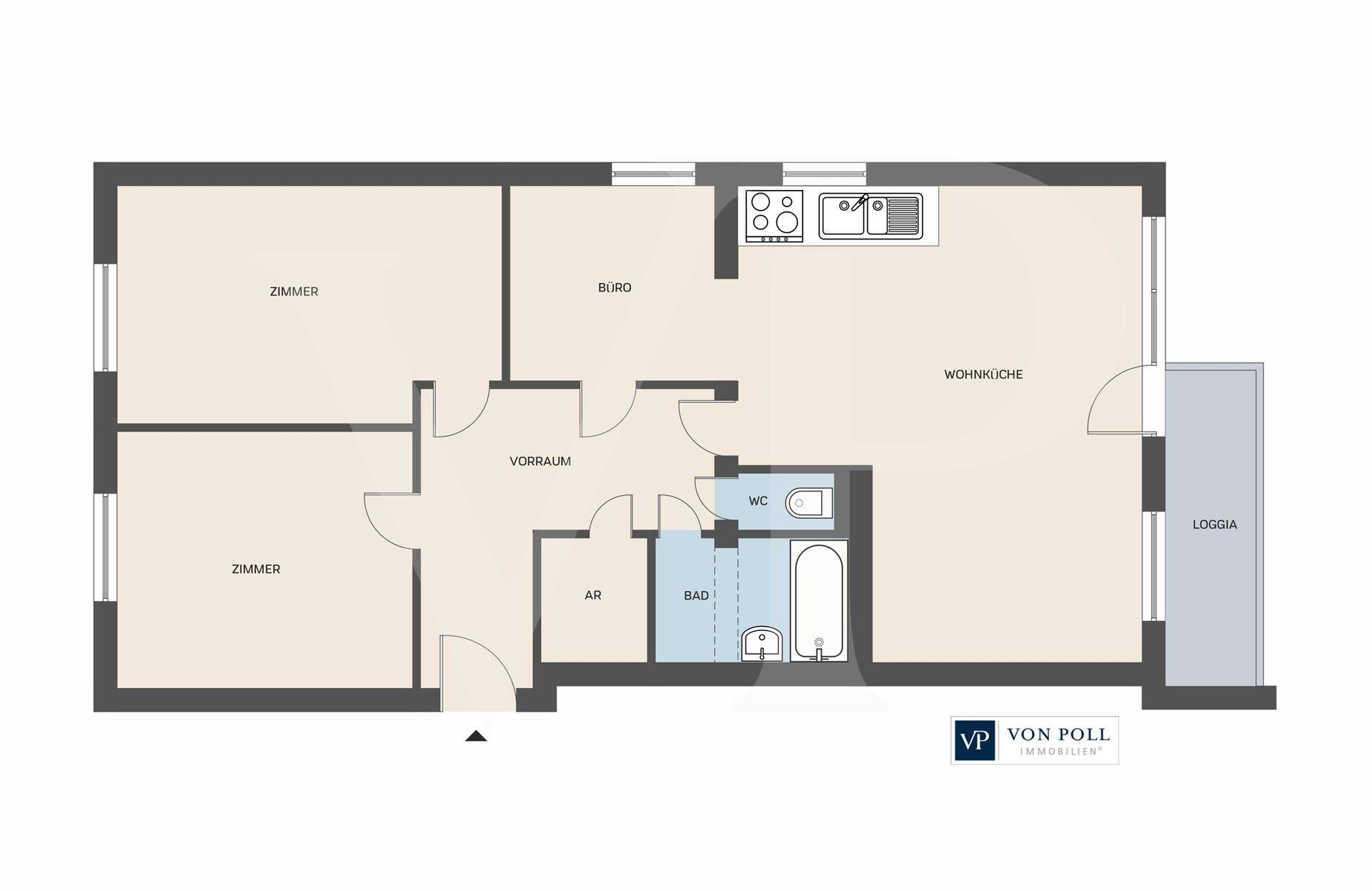 Grundriss der Wohnung mit drei Zimmern, Wohnküche, Bad, WC und Loggia.