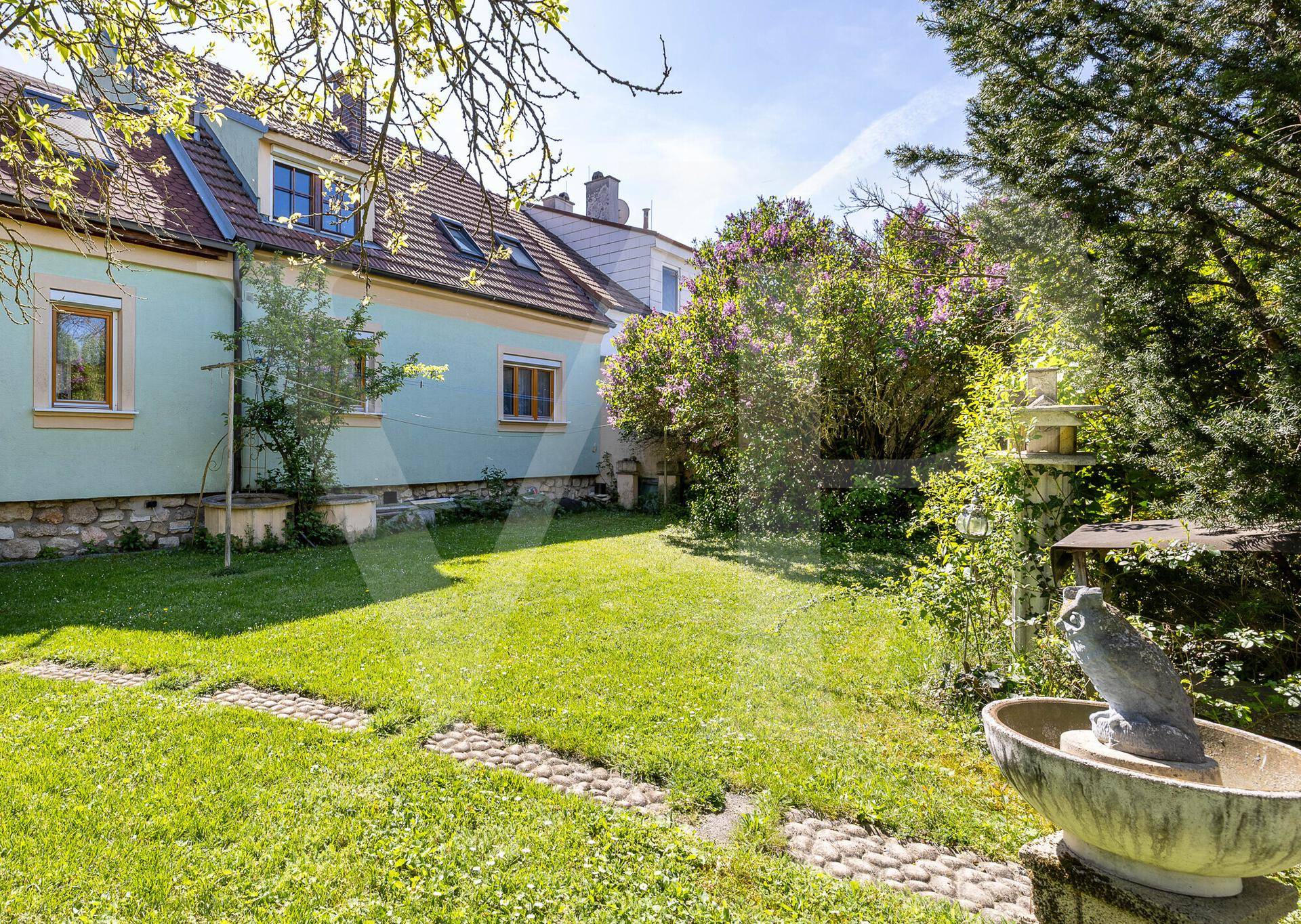 Sonnige Rasenfläche im Garten hinter dem Haus mit üppiger Bepflanzung und blühenden Sträuchern.
