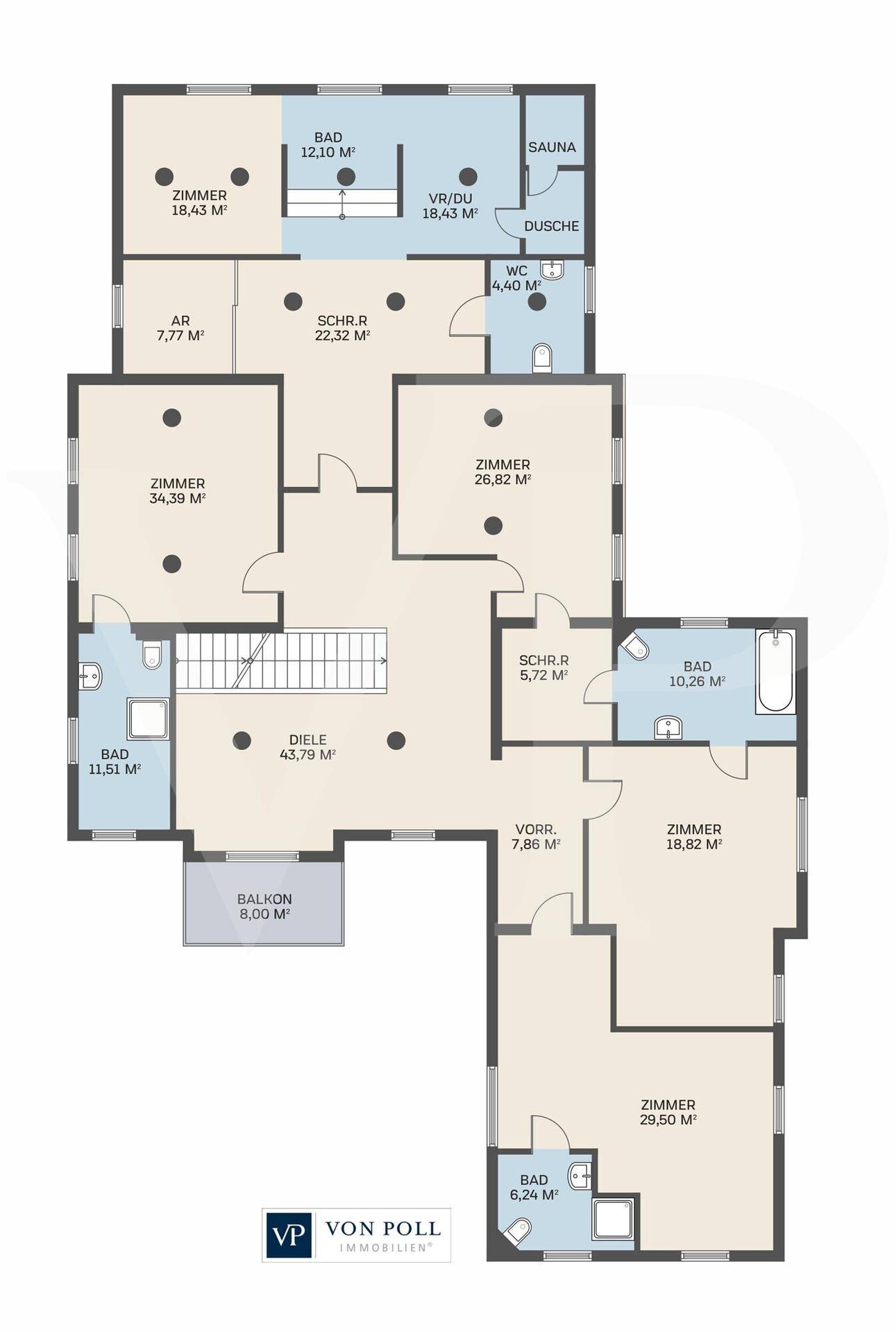Grundriss des Obergeschosses mit mehreren Schlafzimmern, Bädern, Sauna und Balkon.