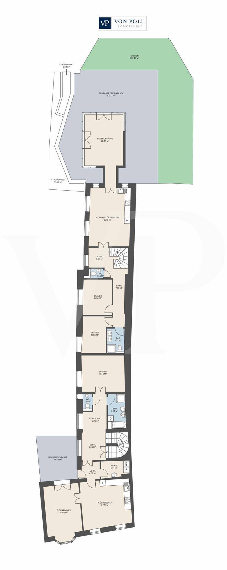 Detaillierter Grundrissplan mit verschiedenen Wohneinheiten und integrierten Bädern.