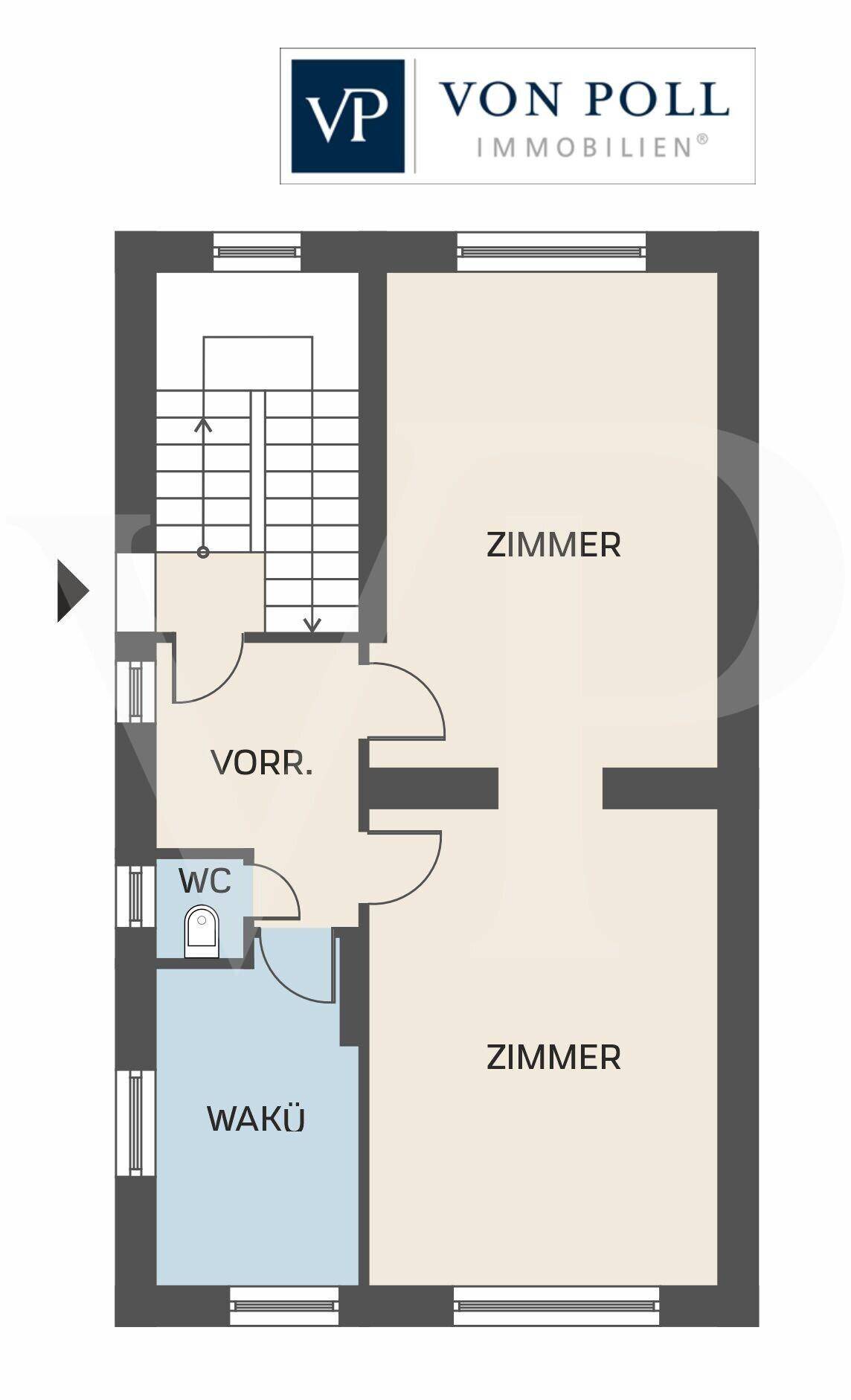 Grundrissplan mit zwei geräumigen Zimmern, einem separaten WC und einer funktionalen Waschküche.