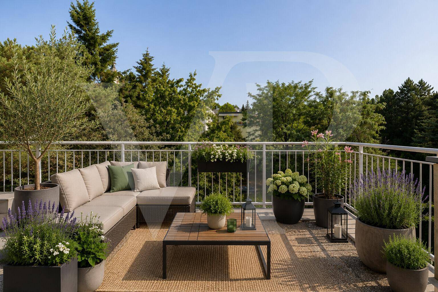 Einladender Balkon mit bequemen Loungemöbeln und Pflanzen, perfekt für entspannte Stunden im Freien.